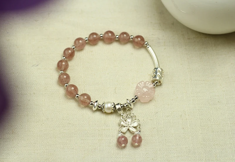 Sinya strawberry quartz rose quartz pearl bracelet in 925 sterling silver for girls women lover (6)