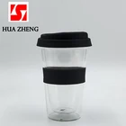 350mL Double Wall Insulated Glass Reusable Coffee Cup With Silicone Lid