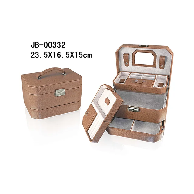 Traveling Brown PU Gift Jewellery Box With Mirror And Storage Drawers