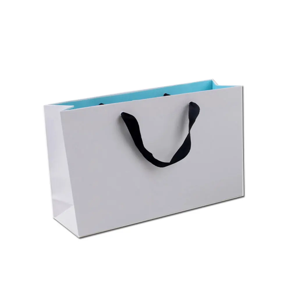 custom art paper glossy lamination white bag with cotton ribbon