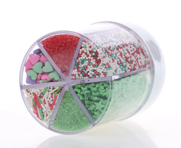 edible sprinkels of six kinds in a bottle