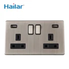 Uk Outlet Socket Hailar UK Wall Socket Brushed Chrome 13A 2 Gang Switched Power Socket With 2 USB Port Outlet