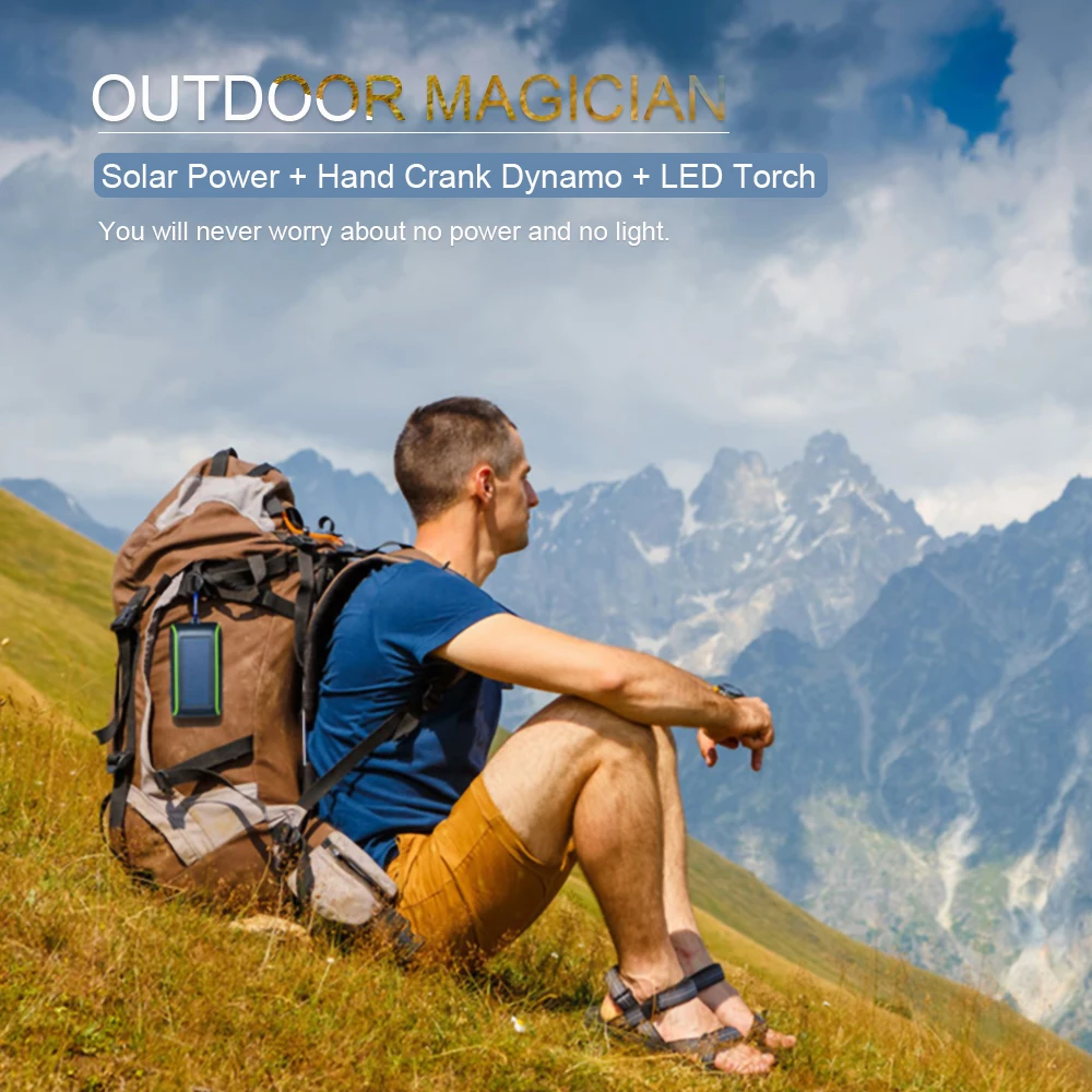 Solar Panel +Hand Crank Dynamo + Power Bank + Emergency Camping Flashlight
