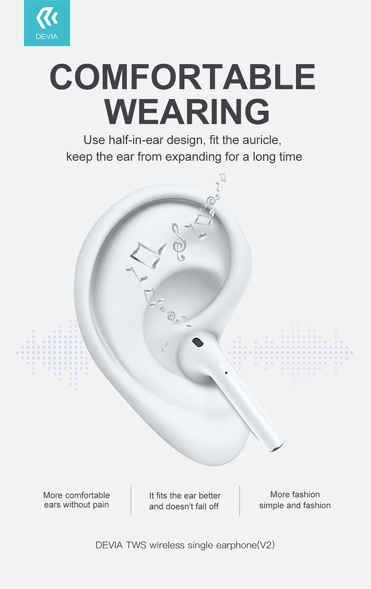 Devia in ear stereo bluetooth wireless earbuds single earphone - ANKUX.COM