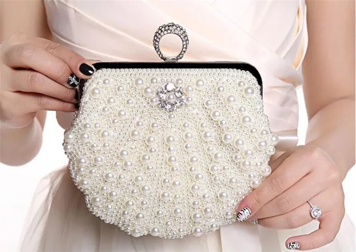 High quality fashion ring pearl shell evening party purse clutch bag