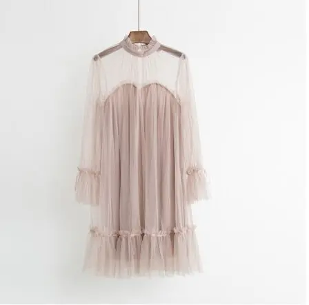 Autumn Graceful Aesthetic Loose Mesh Sweet Dress Mock Neck Collar Stringy Selvedge Slim Pleated Lace Solid Princess Doll Dress4