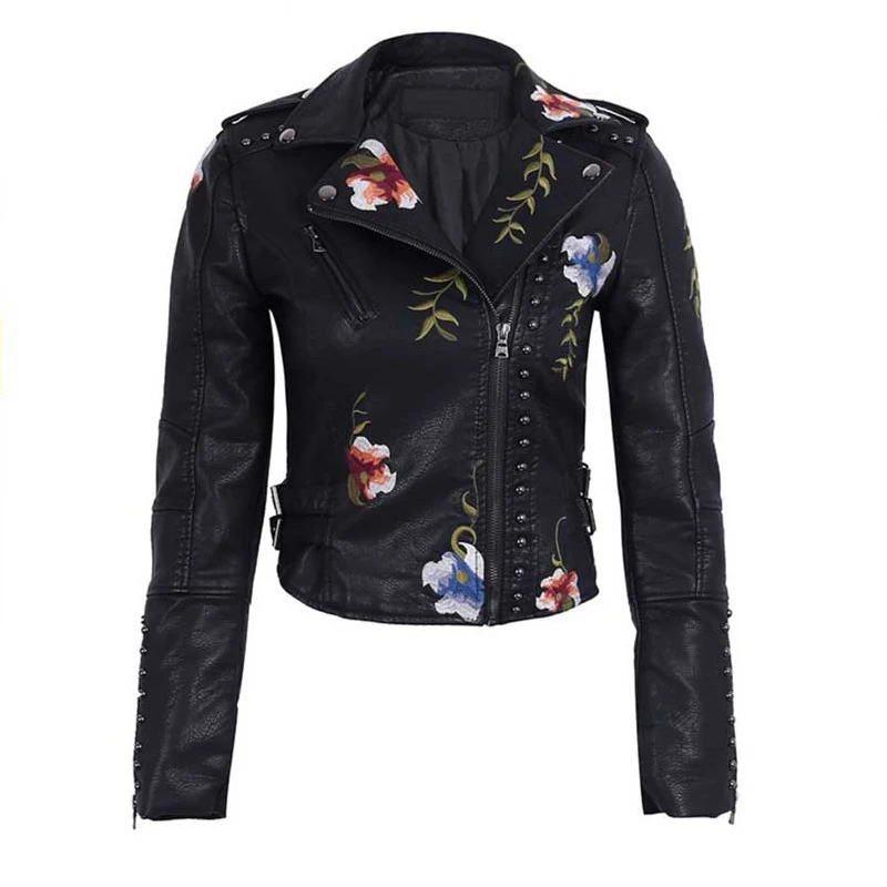 flower embroidered leather jacket