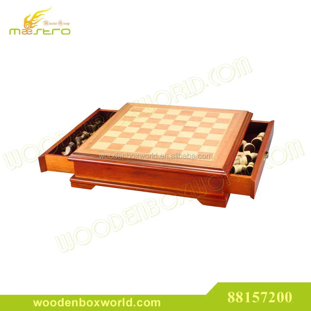 88157200K-Luxury Wooden Box with Inlaid Chessboard Lid and Carved Wood Chessmen