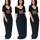 eBay Explosion Women Summer Casual Loose Print Dress Big Size Elegant Bohemian Black Maxi Dress
