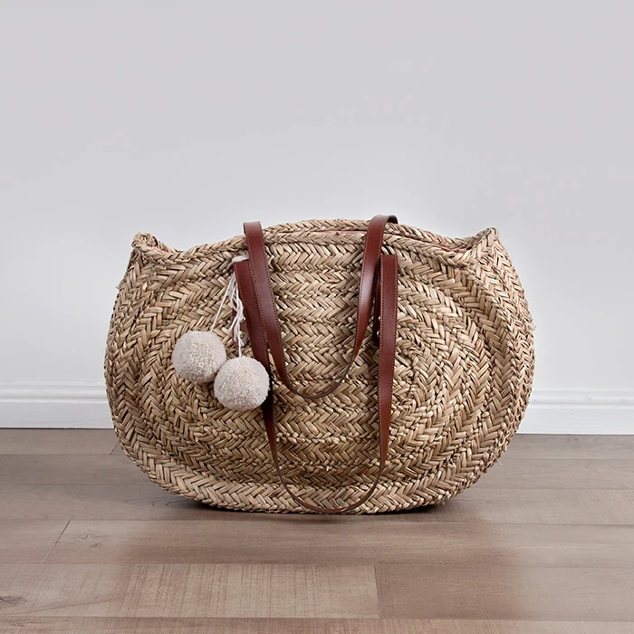 knitted leather straw gift basket natural seagrass bag
