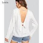 Women V neck Lace Backless ladies White Blouse Tops