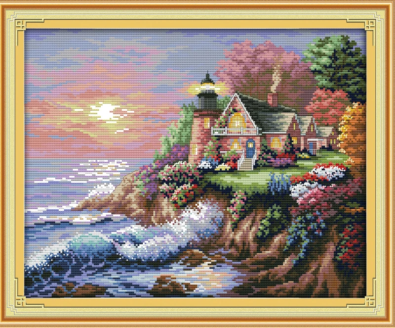 Printed Kits,Lighthouse Cross Stitch Counted Kits Stamped Kit Cross-Stitching Pattern for Home Decor 11CT Pre-Printed Fabric Embroidery Crafts Needlepoint Kit