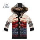 kids children girls jacquard cardigan winter knitting jacket coat with fake fur hood and polar fleece lining