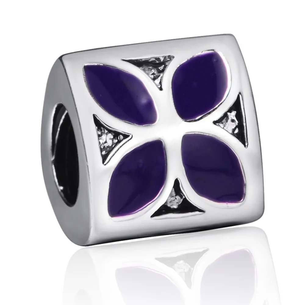 925 Sterling Silver Purple Enamel Clover Charm Floating European Beads Original DIY Bracelet Charms Fits Chain Necklace Bangle