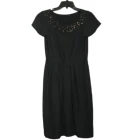 Office Ladies Black Silk Jacquard Basic O-neck Short Sleeve Mid-calf Dress with Front Neck Pearls Hand Sewn
