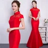 Beaded High Neck Chinese Style Cap Sleeves Red evening Dress Mermaid evening gown for matured Women