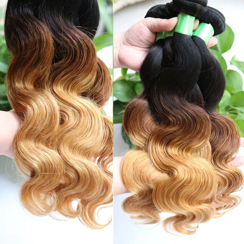 wholesale hair 100% remy #1b/4/27 three tone sew in human hair weave ombre hair