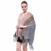 Real knitted rabbit fur with tassel shawl poncho stole shrug cape robe tippet wrap women's V collar winter warm coat/outwear