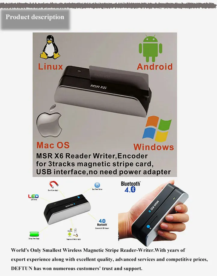 Magnetic card reader software free with wireless bluetooth msrx6(BT)