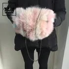 Girlish pink color splicing luxury fox fur handbag and chain
