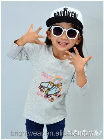 Hot selling girl's fashion white cotton printed long sleeve t shirt