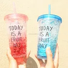 custom logo double layer summer keep cooled plastic water bottle with straw