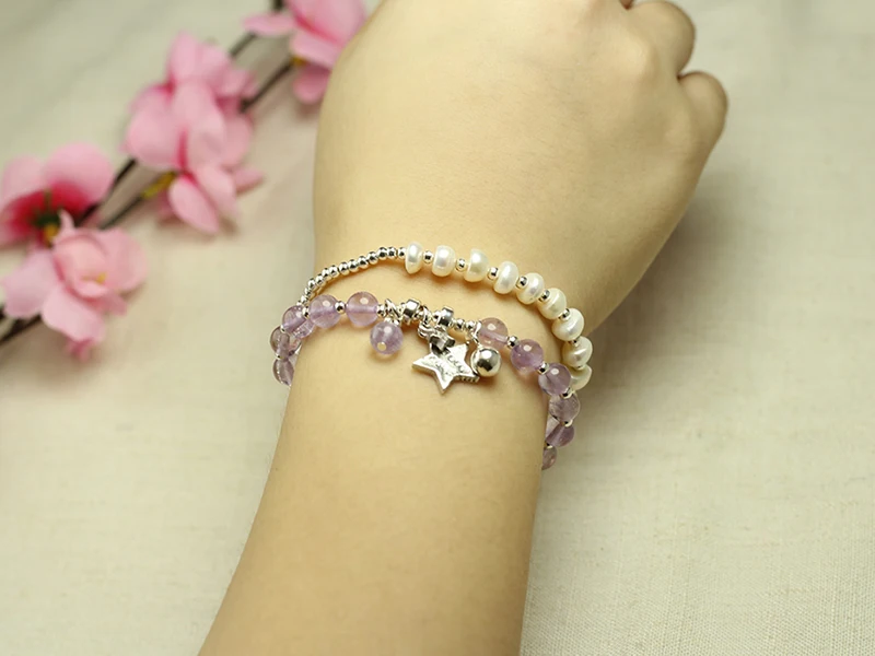 Sinya Girls Natural pearls Amethyst Bracelet in 925 sterling silver elastic bangles for Lover women ladies Mum best gift 2018  (4)