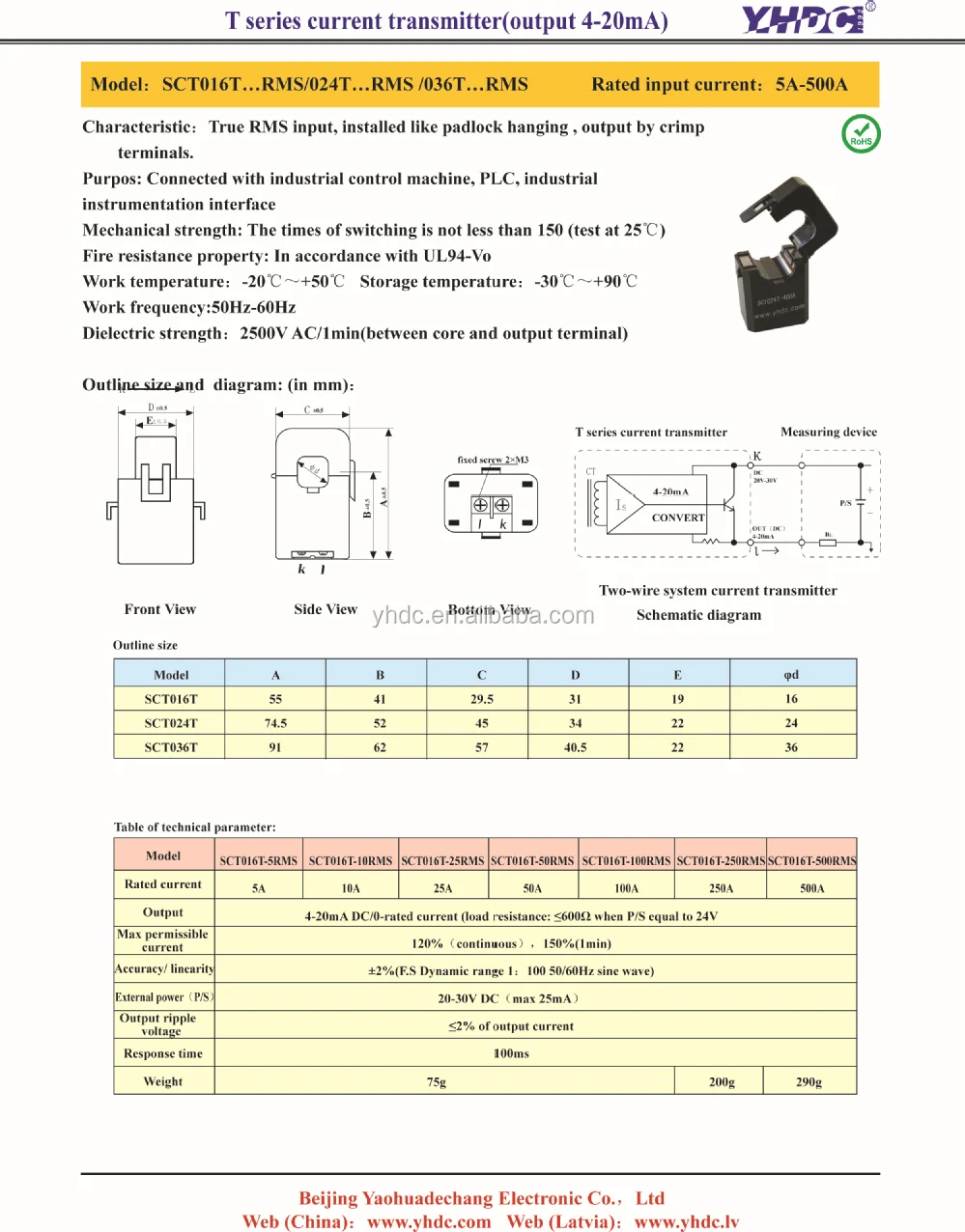 Hall Sensor / split core current transducer output 0-10V or 4-20mA, for DC, AC current