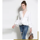 2018 autumn Casual Women V-Neck Long Sleeve ladies Blouses Female Fashion Autumn puffy Shirts Ladies White Tops