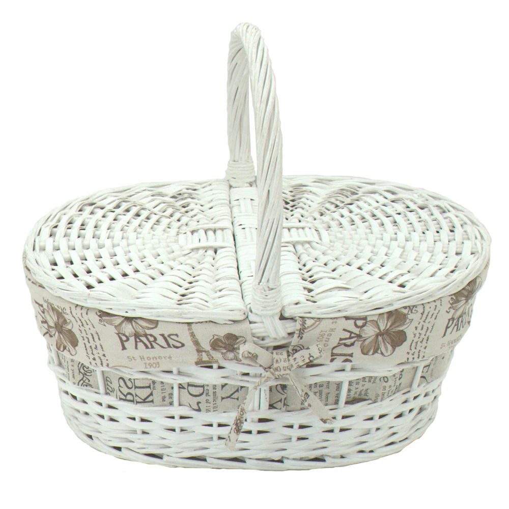 white wicker picnic basket with handle for 4 person