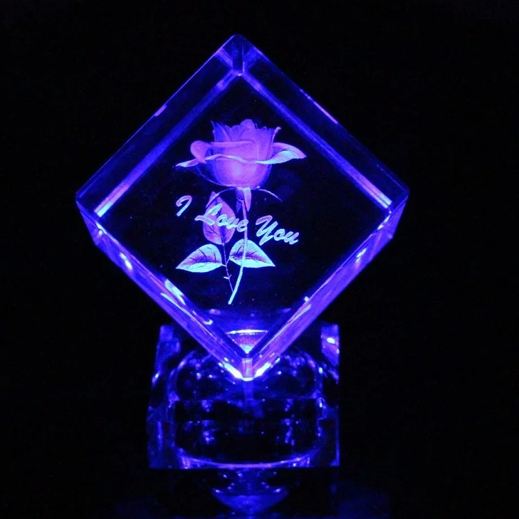 hot sale rotating led base crystal glass cube for christmas gift
