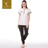Cheap wholesale Women elegant night sleep wear, fashion cotton pajamas set with white blouse and black pants