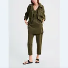 Casual ladies V neck long sleeved side pockets belted dress with striped trim and zigzag stitching at the hem
