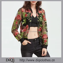 Latest designs clothing factory OEM wholesale Boho fashion ladies Multicolor Rose Embroidered Zip Up Organza Bomber Jacket