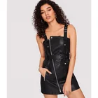 ladies sleeveless faux plain pu leather belted overall short dress