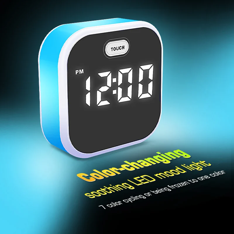 Touch control 5V rechargeable Small size alarm 12/24 hours easy to set kitchen private label led digital mirror wall alarm clock