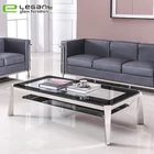 Modern Luxury European Furniture Black Double-deck Square Metal Legs Glass Coffee Table