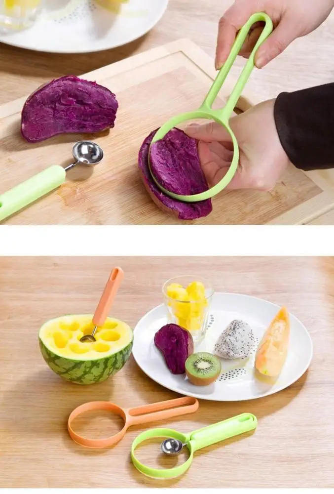 2 In 1 Fruit Set Melon Scoop Baller Peeler+Spoon Random Plastic Fruit & Vegetable Watermelon Tomato Kitchen Cooking Tools KC1014