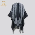 High quality OEM wholesale ladies shawls and scarves pashmina plaid poncho Wool Kimono Wrap Cardigan with tassels