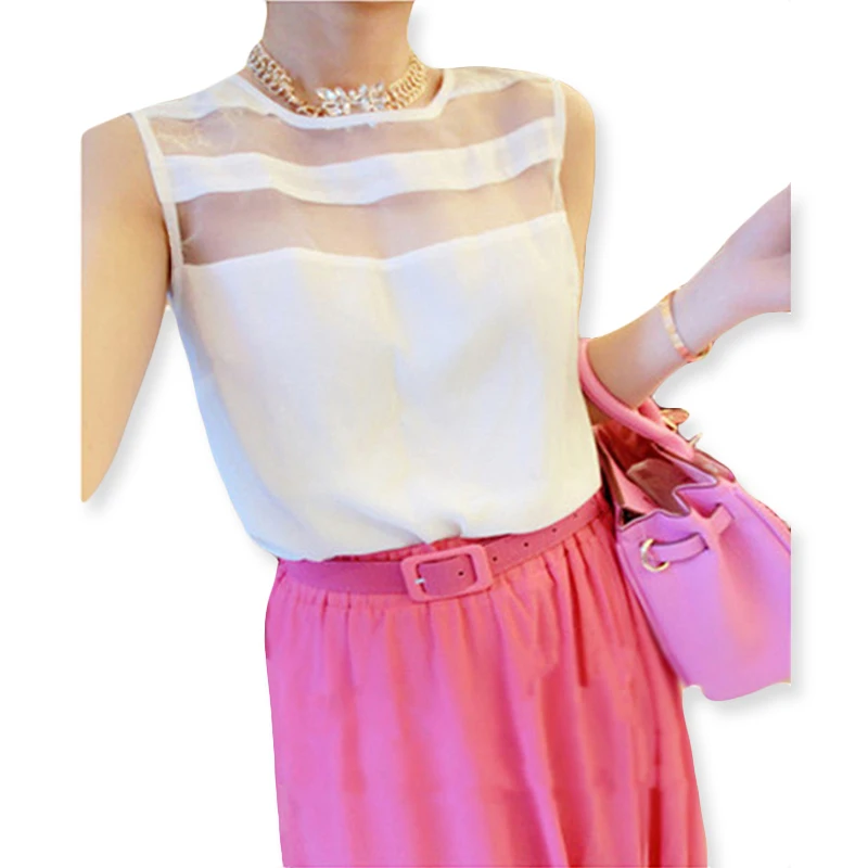 Multi Colors Solid Chiffon Blouse Sleeveless O Neck Loose Women Chiffon Blouse Patchwork Hollow Out Blouse Summer 2015 Top 86047