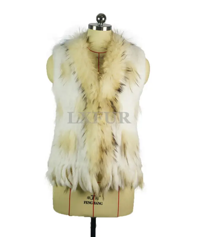 020101 Women Real Knitted Rabbit Fur Vest Raccoon Fur Collar Waistcoat Gilet