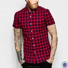 latest design mens short sleeve shirt chest pocket black and red flannel plaid men's shirts