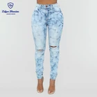 New fashion wholesale foggy blend washing effect pantalones ripped denim jeans pants for women