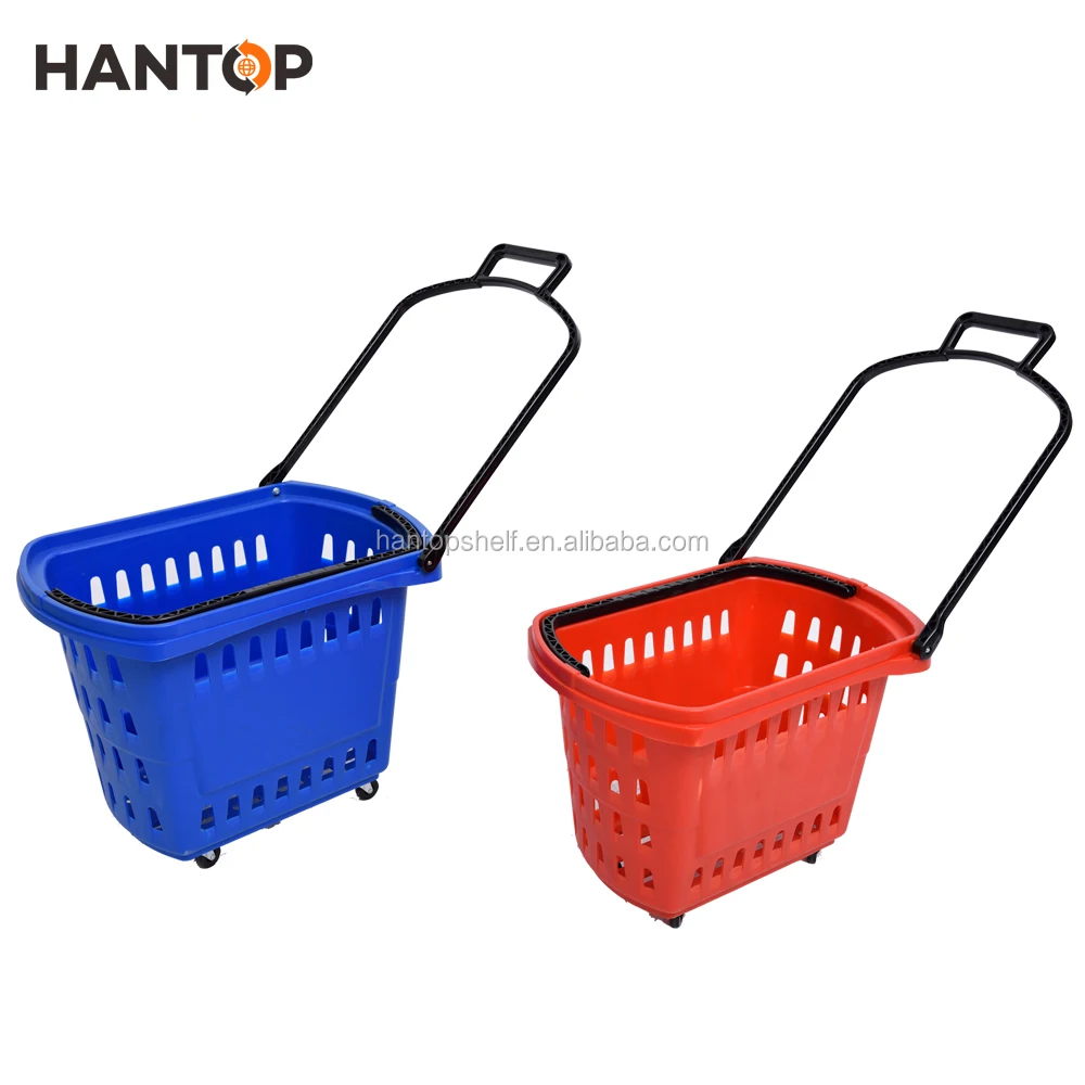 56l double handle grocery store plastic rolling basket han-tb36