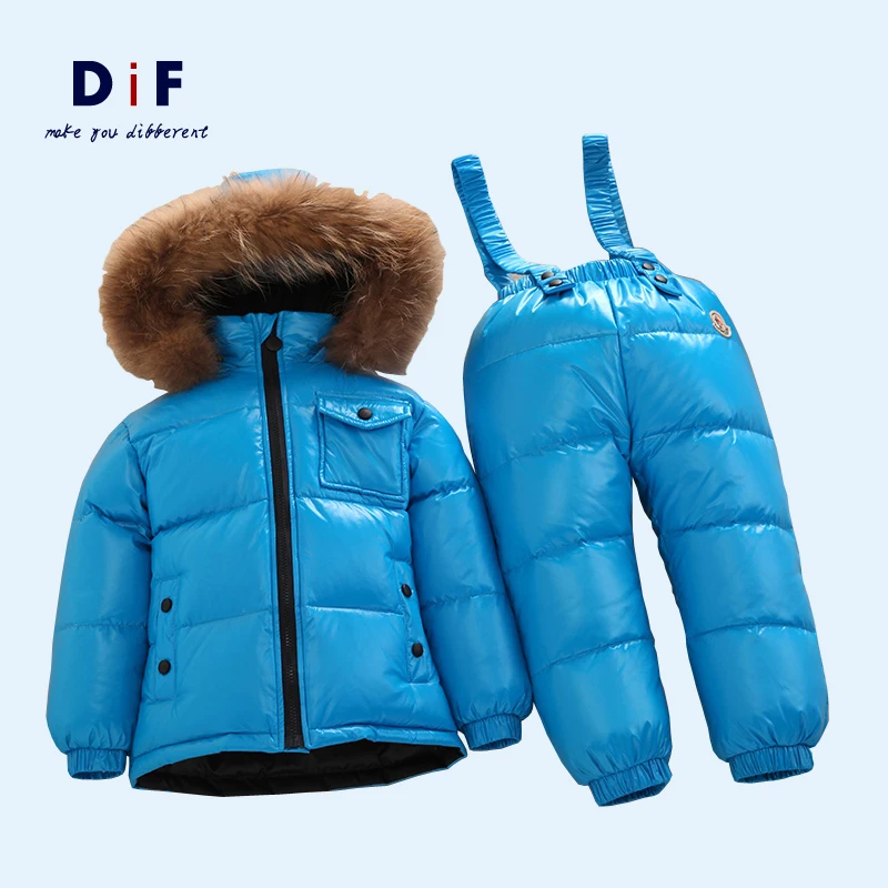 2015 Winter New Natural Fur White Duck Down Children's Sets Boys Girls Thicken Warm Jumpsuit Kids Clothing Set Down Jacket+Pant