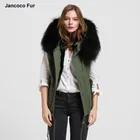 New Green Vest Black Lining With Real Raccoon Fur Collars Jacket Women Winter Warm Parka