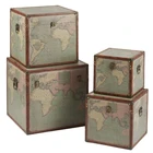 World Map Slight Green Design Wood Vintage Leather Antique Trunk For Storage