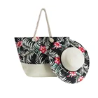 JAKIJAYI best new design shoulder large size paper cotton beach bag and summer hat set canvas beach bag