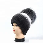 Fashion Handknitted Beanie Hat Rex Rabbit And Big Fox Fur ball Beanie Cap With Pompom