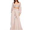 Two Piece Set Women Clothing Wide Billowy Long Sleeve Front Tie Smock Crop Top and Pants Sets